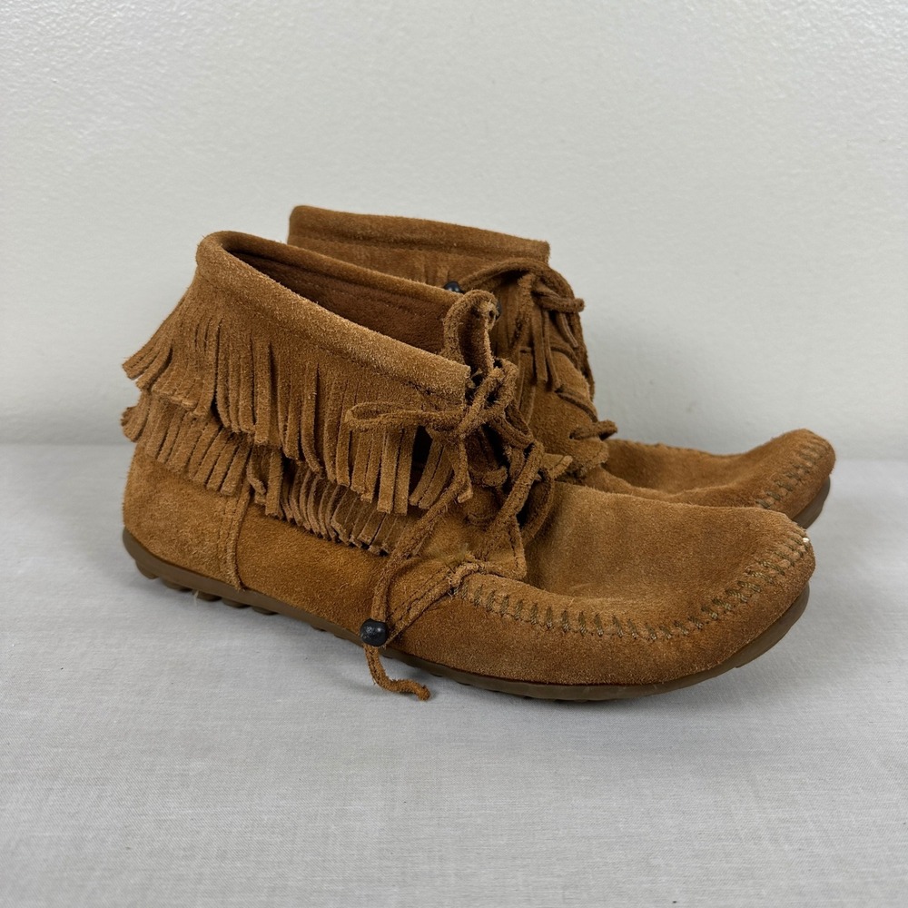 Minnetonka Womens 7 Moccasin Boot Brown Double Fringe Suede Lace Up  Cottagecore
